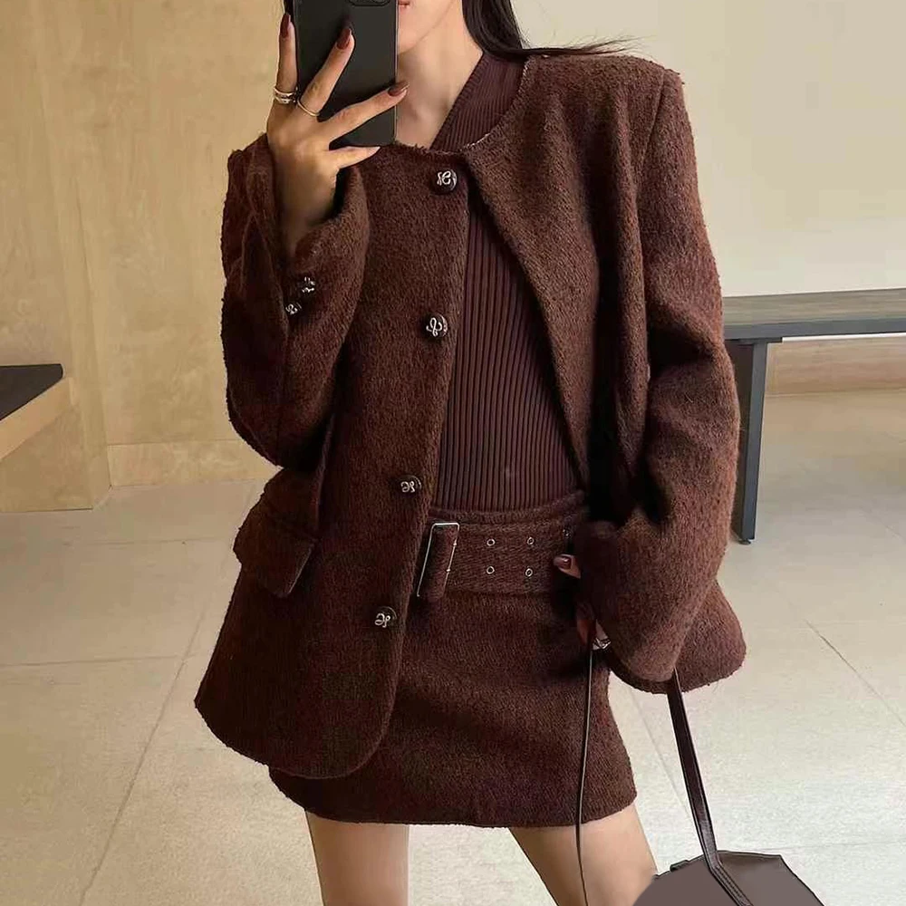 TWOTWINSTYLE Chic Two Piece Sets For Women Round Neck Long Sleeve Coat High Waist Spliced Belt Mini Skirt Casual Set Female New