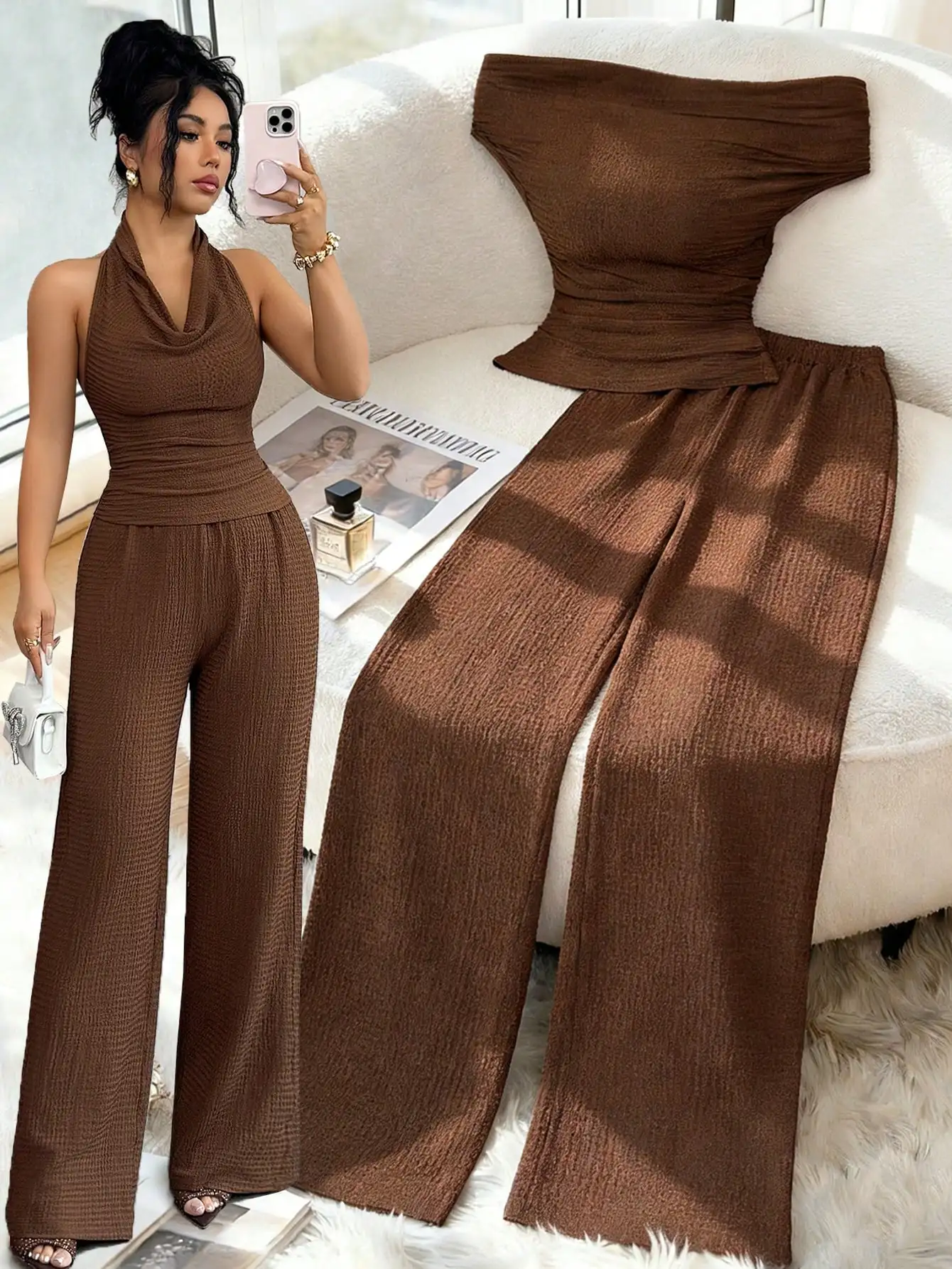 

Elegant 2-Piece Set Pearl Button Collar Shirt And Wide Leg Pants For Women