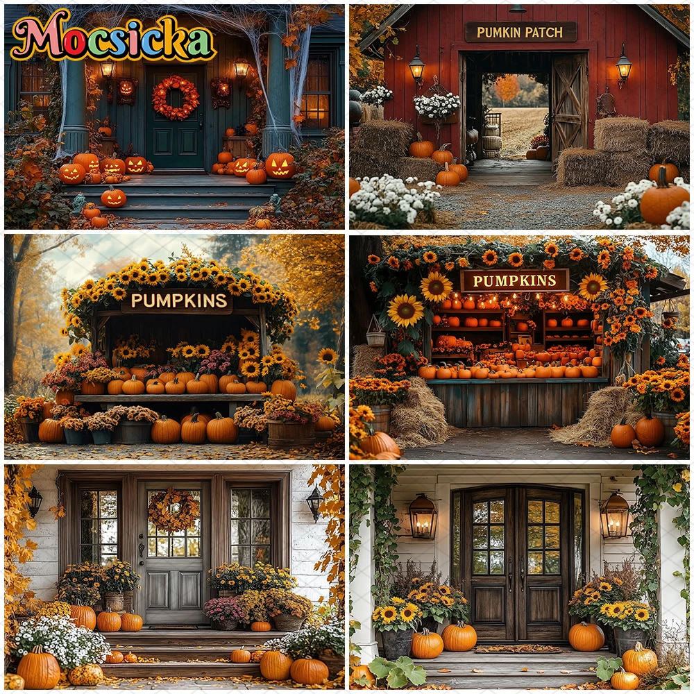 

Mocsicka Autumn Photography Background Fall House Sunflower Pumpkin Party Decoration Adult Child Photo Backdrop Studio Wallpaper
