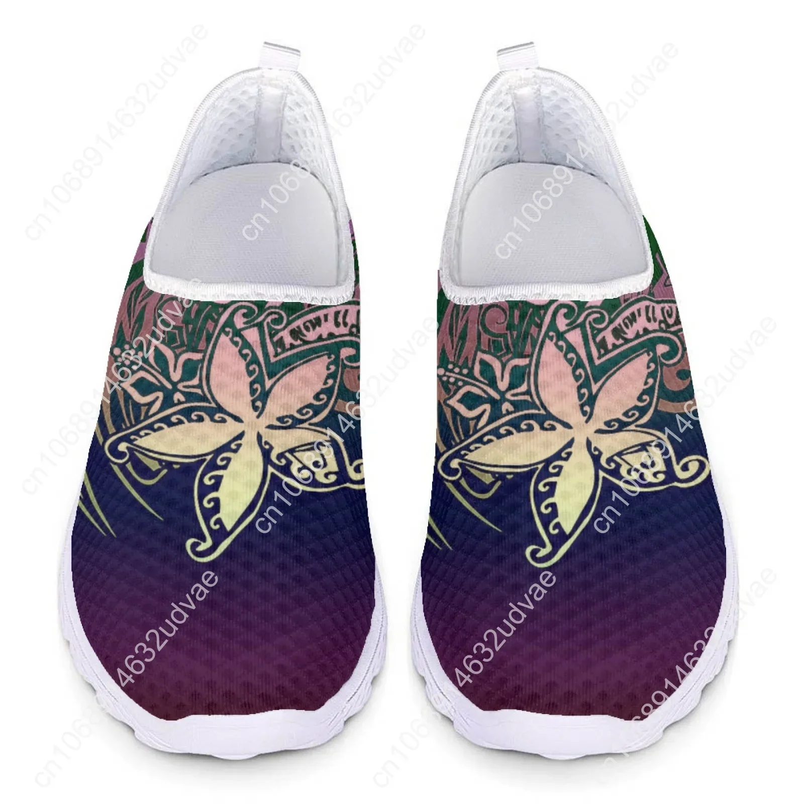 Mocassins de malha casuais femininos, estampados de flores de pluméria tribal polinésia, tênis slip-on leves, verão fresco