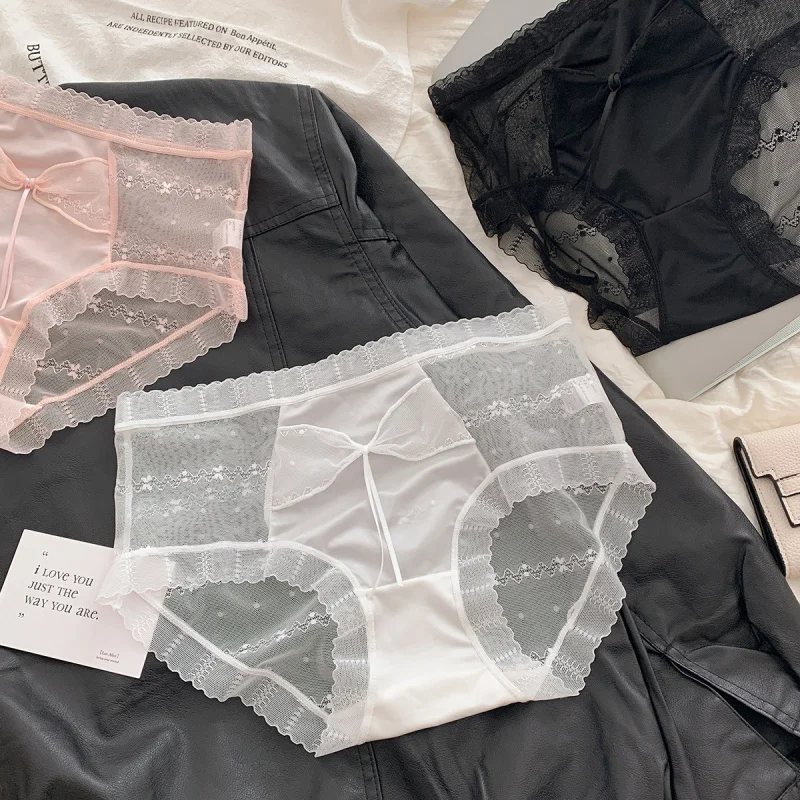 

Womens Lace Trim Ice Silk Summer Panties Thin Strap Briefs Invisible Breathable Low-Waist Solid Color Underwear
