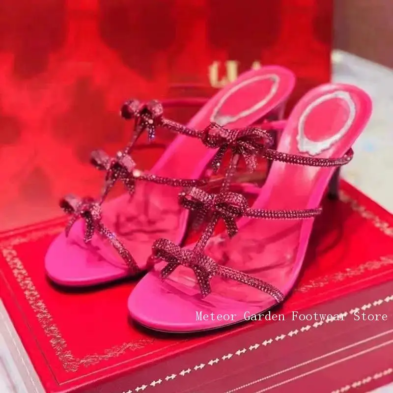 

Spring and Summer Bling Bling Crystal Decorated Shiny Bow Sandals One Strap Slip On Round Toe High Heel Slippers for Women