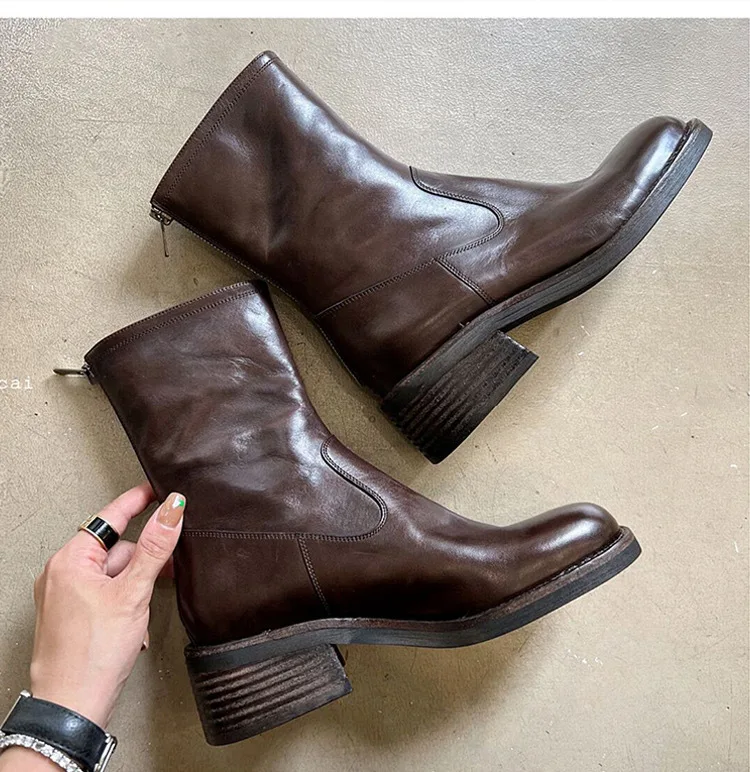 ZA Fashion Black stivaletti donna punta tonda Vintage tacco basso scarpe da ufficio donna autunno inverno stivali da moto