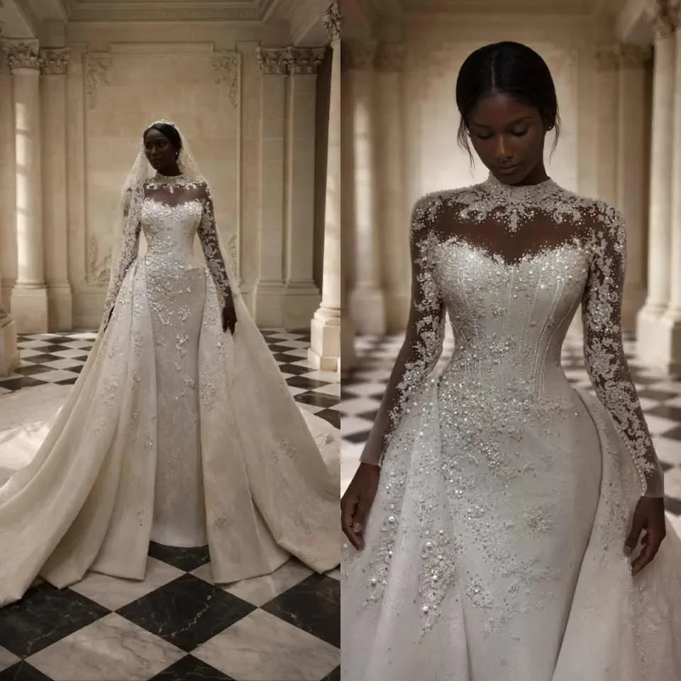 Customized High Collar Sparkly Beads Appliques Mermaid Wedding Dress with Detachable Train Long Sleeve Modest Africa Bridal Gown
