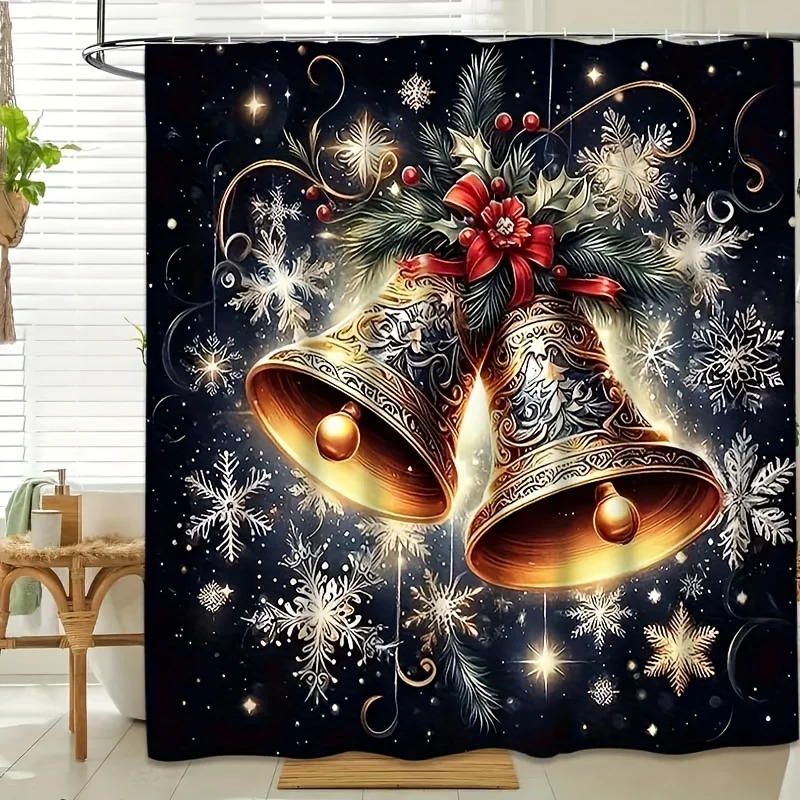 4Pcs Creative Xmas Snowflake Bath Set, Modern Curtain & Bath Mat, U-Shaped Toilet Pad, Toilet Seat Cover, 12 Hooks