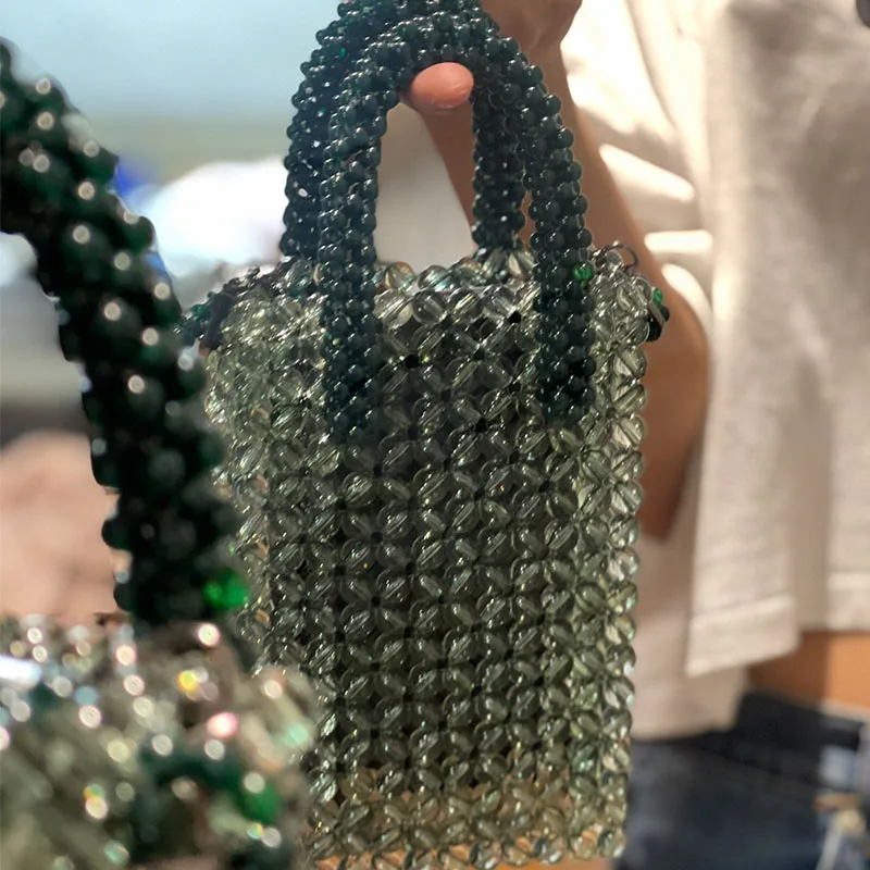 Borsa di cristallo verde moda donna delicata borsa semplice borsa a mano tessuta con perline borse a tracolla per telefono per donna 2023