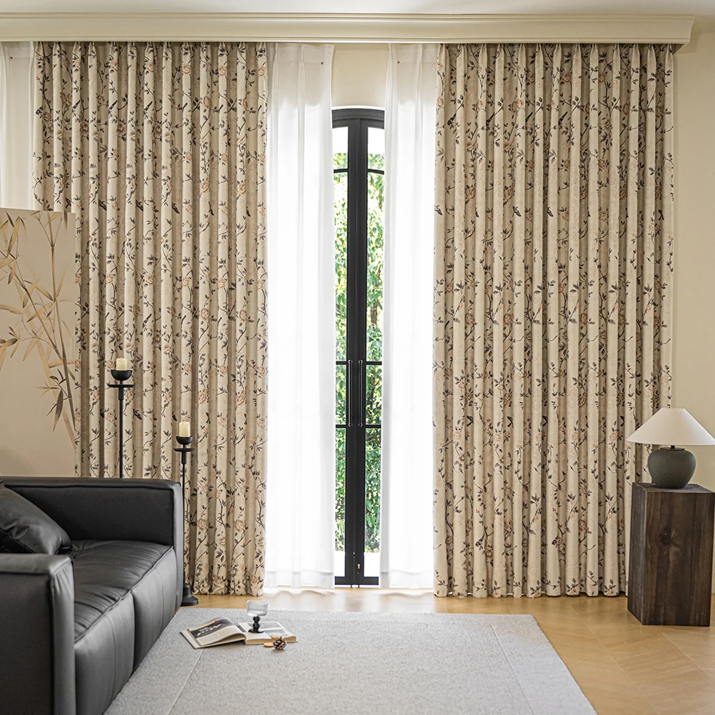 1PC Elegant Beige Floral Bird Curtains for Bedroom Living Room Vintage Peony Printed Blackout Window Treatments Home Decor