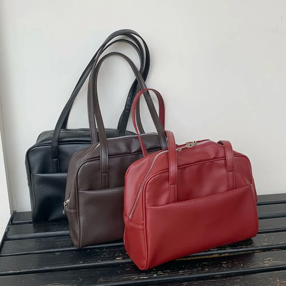 

Vintage French Style Bowling Bag Large Capacity PU Leather Boston Shoulder Bag Casual Elegant Women Handbags Underarm Bag