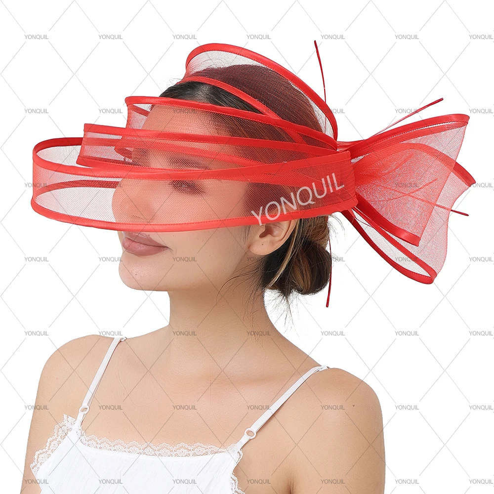 red Crinoline Fascinator Hat for Women with Hair Clips Big Party Church Wedding Bride Fashionable Headwear Hair Accessories