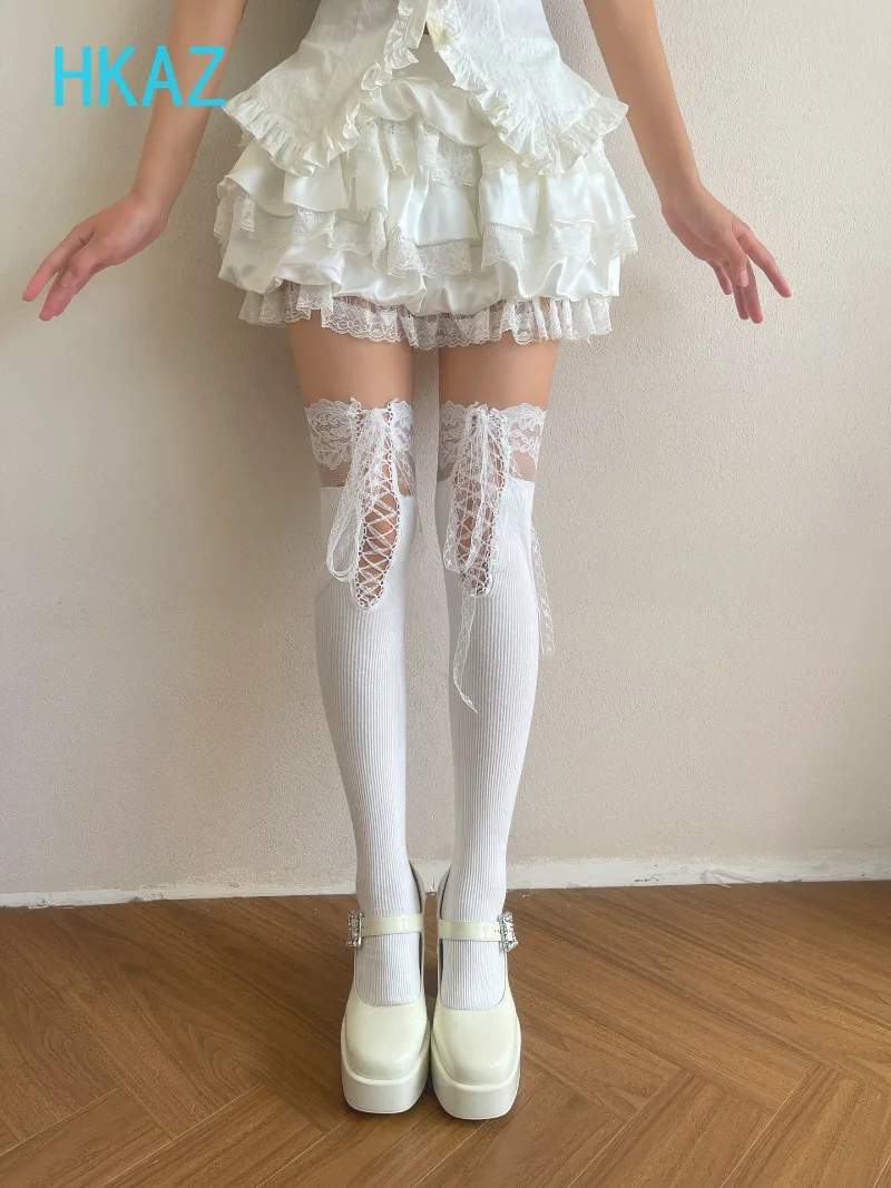 Thigh High Stockings for Women Autumn New White Long Socks Sweet Girls Lace Straps Lolita Jk Babes Over-Knee Mid Tube Calf Socks