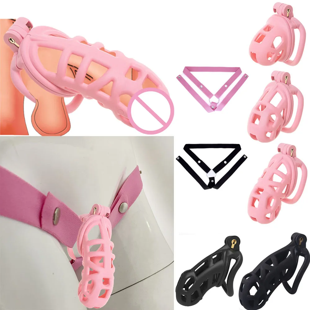 Black or Pink Male Penis Cage Chastity Cage Lock Device w/4 Rings Virginity Device 5 Sizes
