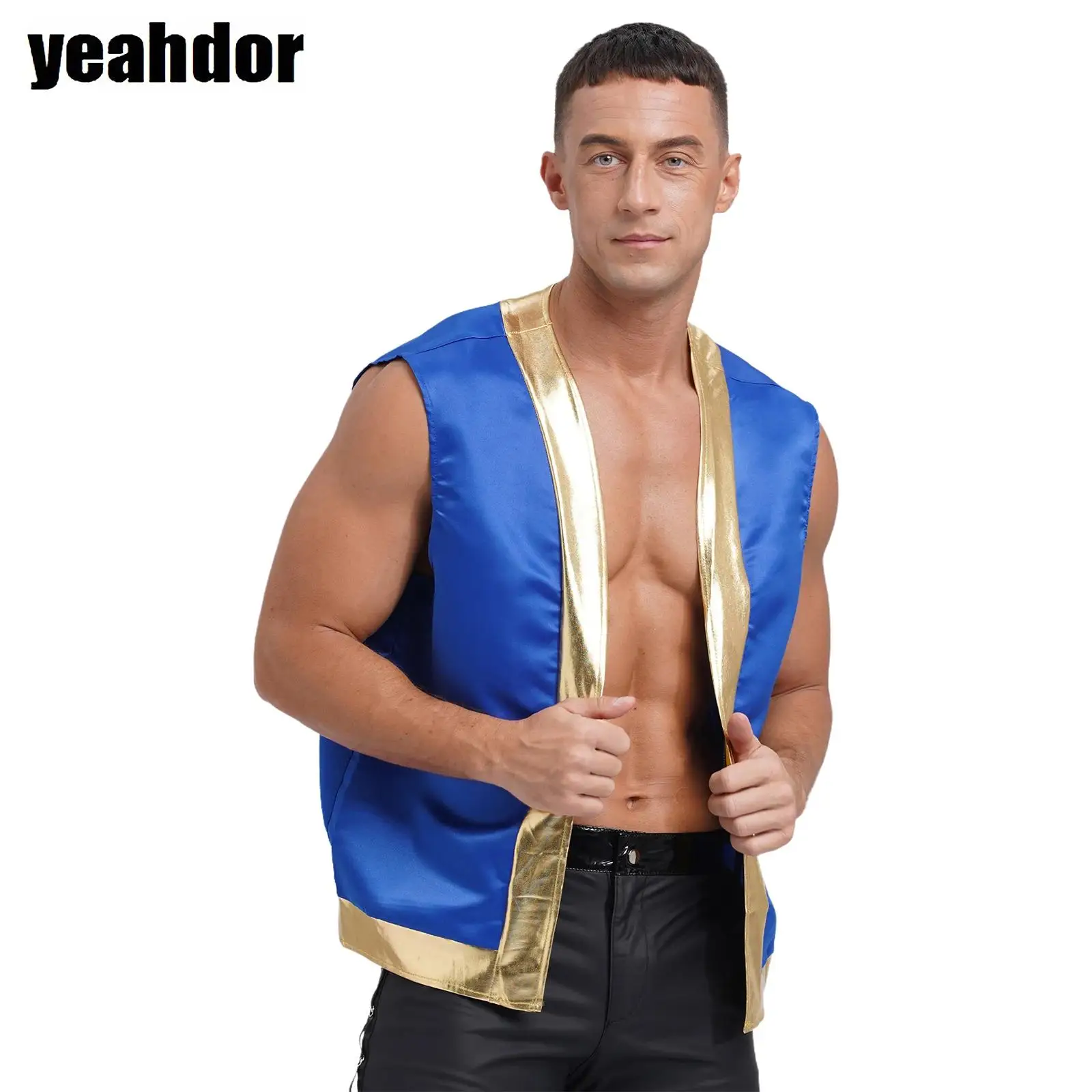 

Mens Halloween Toad Vest Arabian Prince Stain Vest Top Shiny Open Front Curved Waistcoat for Carnival Indian Cosplay Costume
