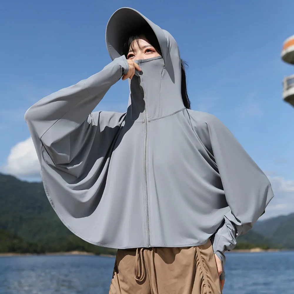 Solid Color Sunscreen Hoodie Long Sleeve Large Brim Hat Sun Protection Clothing Crop Top UV Protection Outdoor Riding Cape