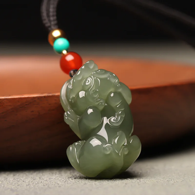 Hetian Green Small , Pi Qiu Wealth-Attracting Men And Women, Pixiu Jade Pendant Necklace