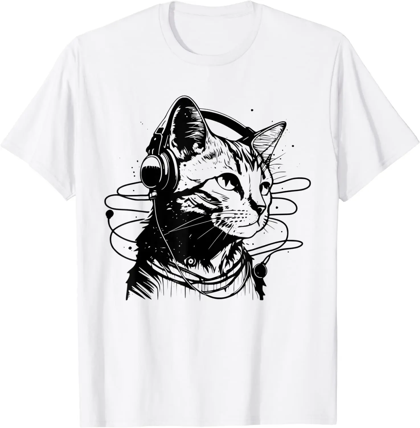 Cat In Headphones Funny Cat Vintage Funny Cat T-Shirt Graphic T Shirts Oversized T Shirt Cotton Four Seasons Daily Tees Casual