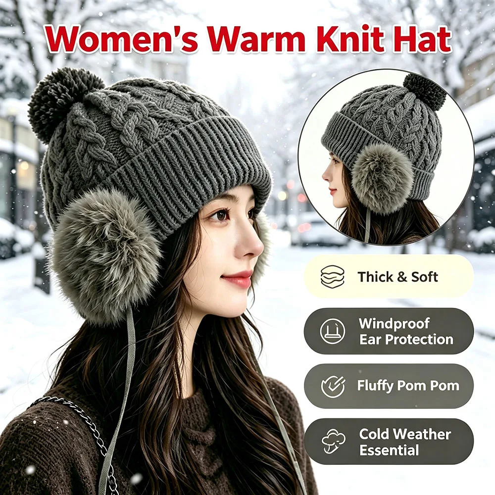 Winter Ear Flap Hat Cable Knit Faux Fur Ear Flap Hat Women'S Knit Hat Windproof Pom Pom Knit Cap For Casual Daily Wear Women