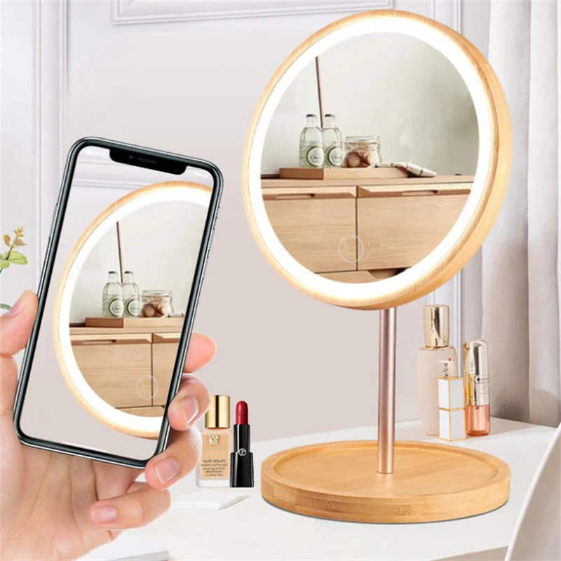 Miroir de maquillage en bois, Rechargeable par USB, 3 Modes, avec lumière LED, miroir de vanité avec Base de rangement détachable, cadeau, 1 pièce