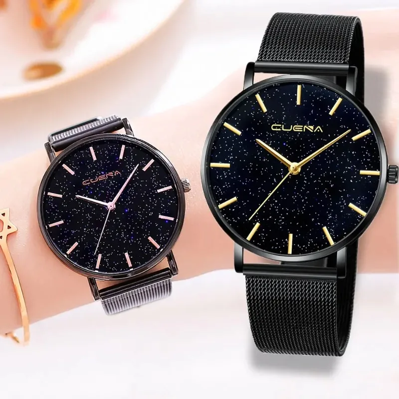 Minimalist Women Quartz Watch, Fashion Sparkling Starry Dial Milanese Mesh Bracelet Wristwatch Elegant Slim Case Ladies Watch