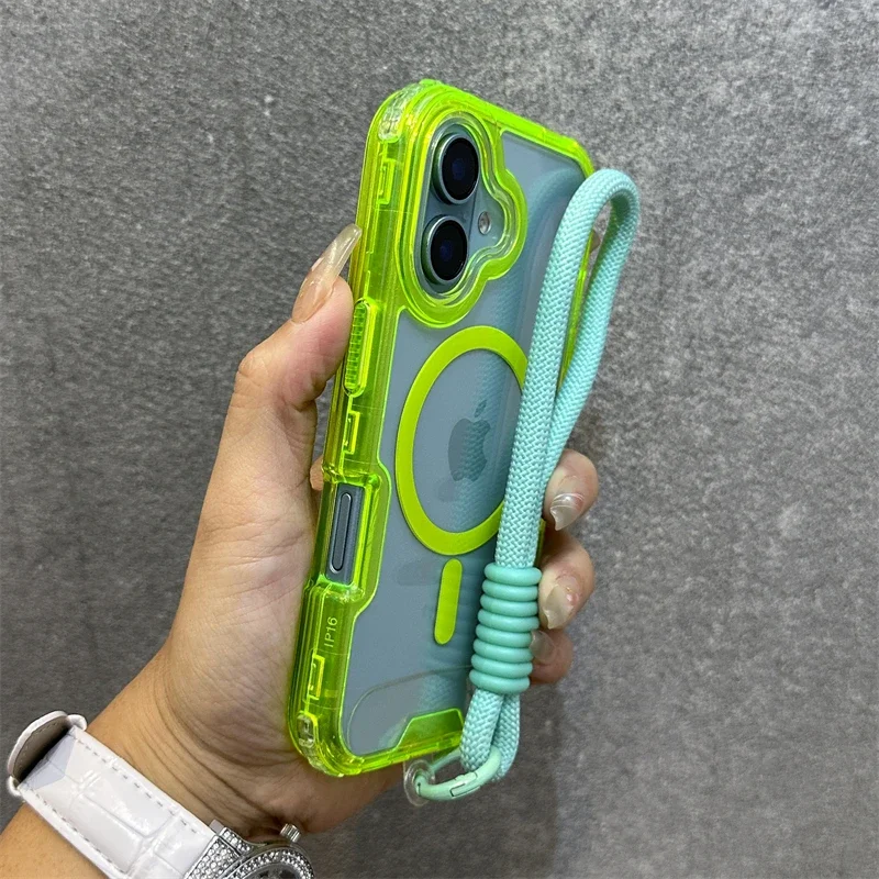Mode Candy Farbe Anti-Scratch Telefon Fall für IPhone 17 Air 16 15 14 Plus 13 12 Pro Max für Magsafe transparente Lanyard Abdeckung