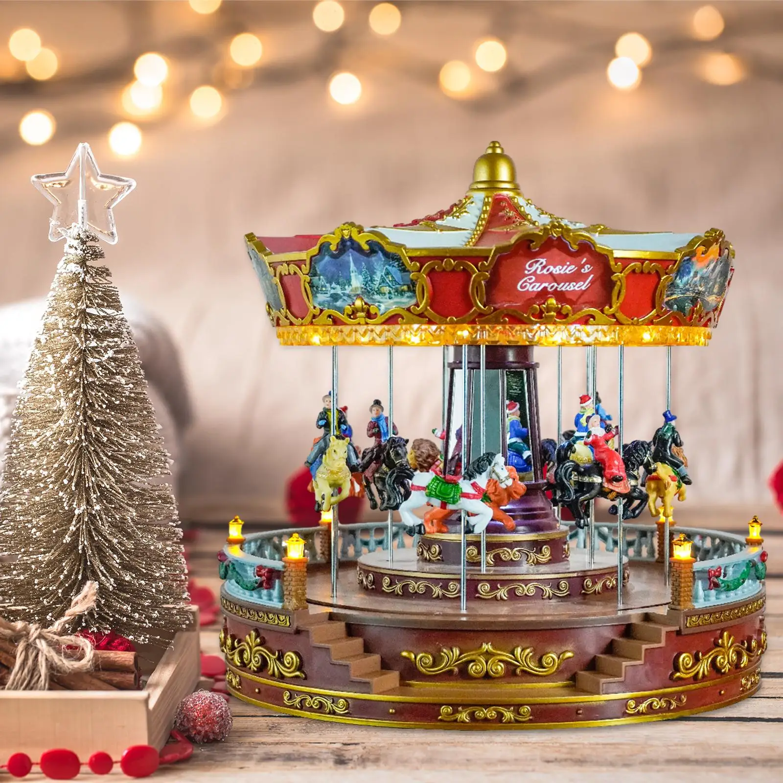 Christmas Carousel Music Box with Lights US 110V Adapter Decorative Tabletop Ornament for Holiday Decoration Sturdy Versatile