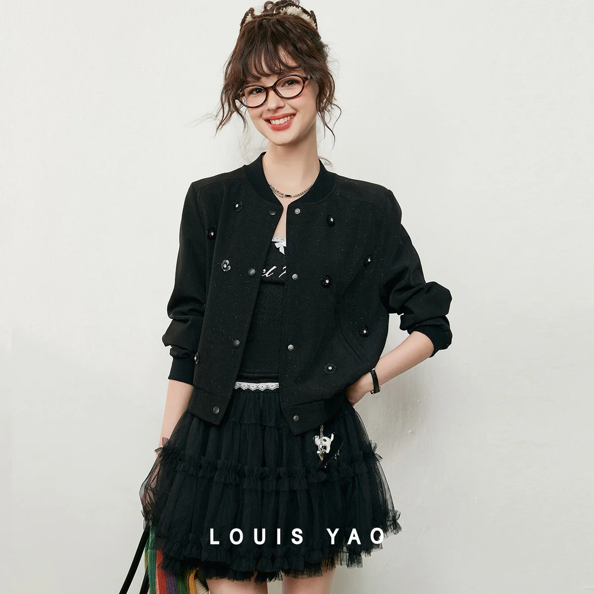 

LOUIS YAO Casual Women's Jackets 2025 Fall Fashion Trendy Baseball Collar Cardigan Coats Sequined Baseball Jacket