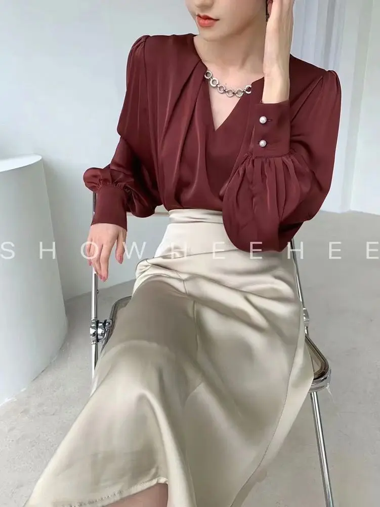 Korea V-Neck Chain Chiffon Women'S Blouse Simple Office Shirt Long Sleeve Casual Tops Korean OL O-Neck Loose Blouses Women