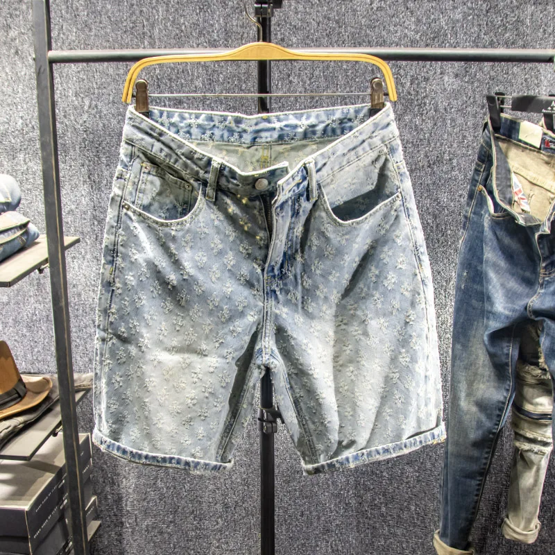 

Trendy High-End Men's Ripped Denim Shorts Casual Loose Straight Leg Five-Quarter Pants Fashionable Summer Jeans Loose Fit