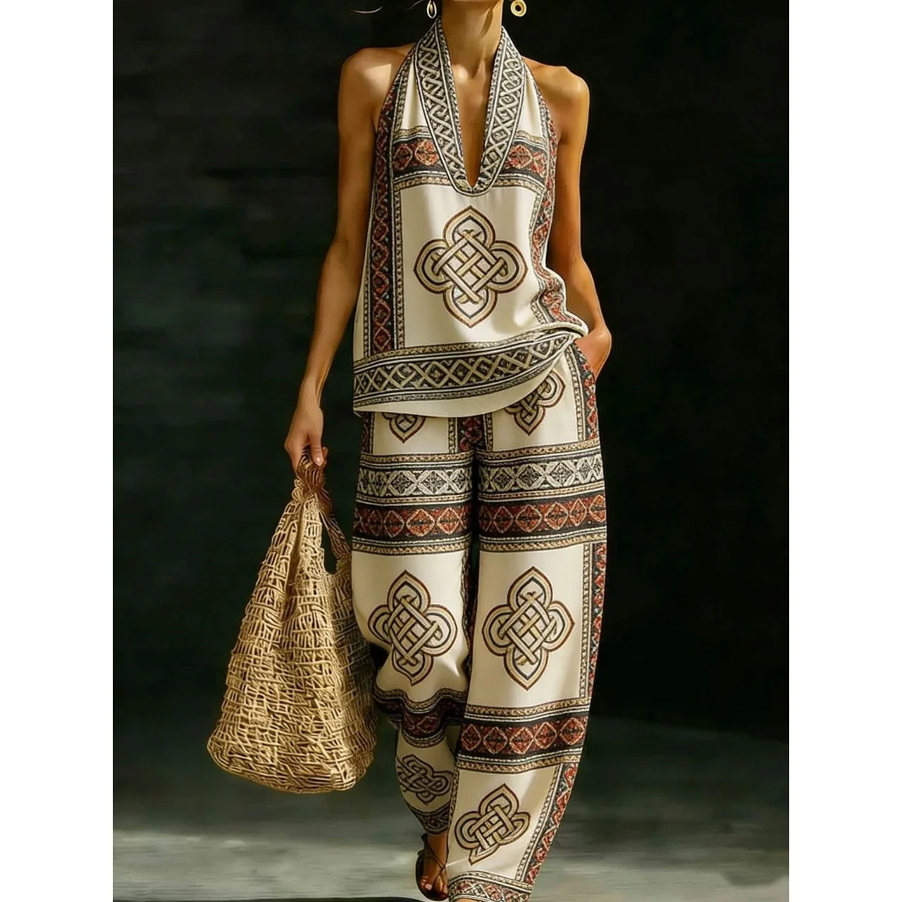 

Ethnic Tribal Print Women Two Piece Sets Outfits 2026 Summer Halter Neck Sleeveless V-Neck Tank Top & Loose Wide Leg Pants Set