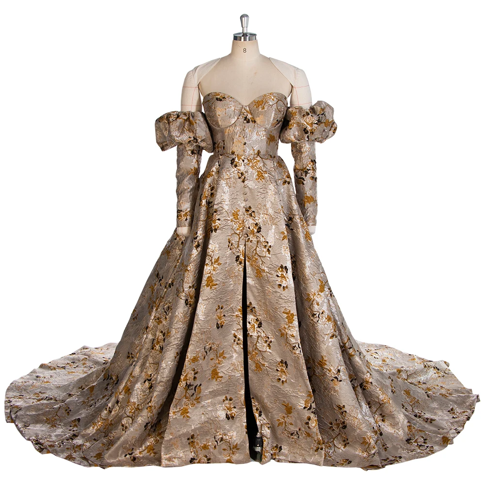 

Vintage Jacquard Brocade Formal Dress Elegant Evening Gown Puffy Sleeves Photoshoot Gown YW243105