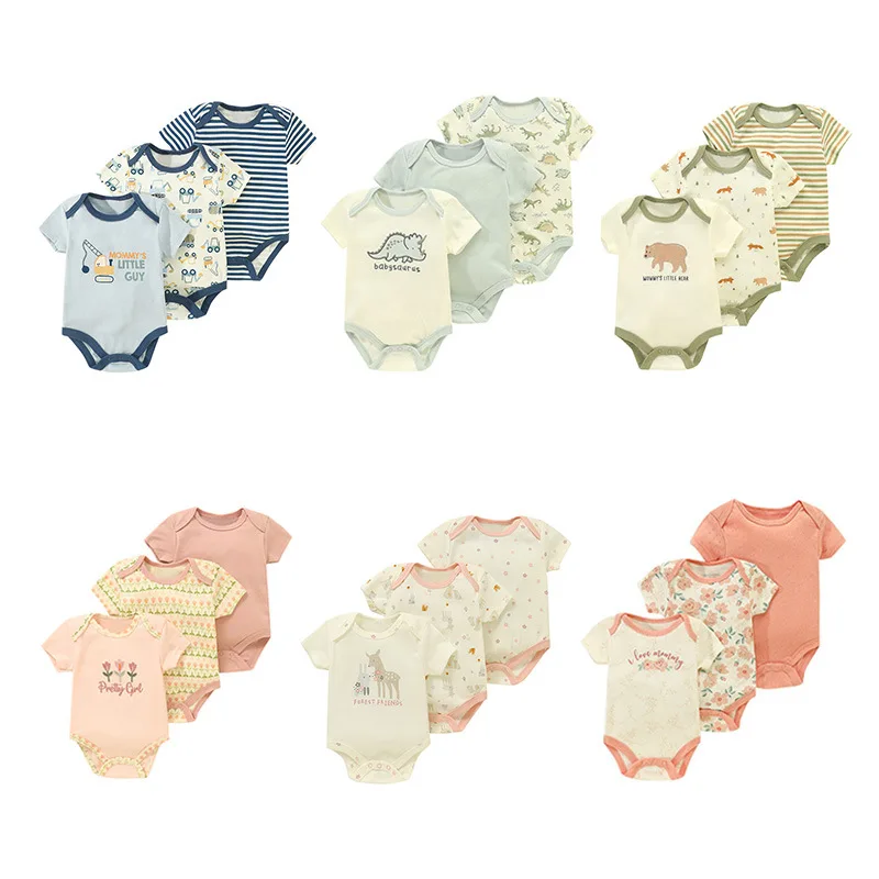 3PCS/Set Summer Girls Baby Bodysuit with Cartoon Dinosaur Pattern and Stripe Pattern Floral Design for 0-9 Months Old Boys