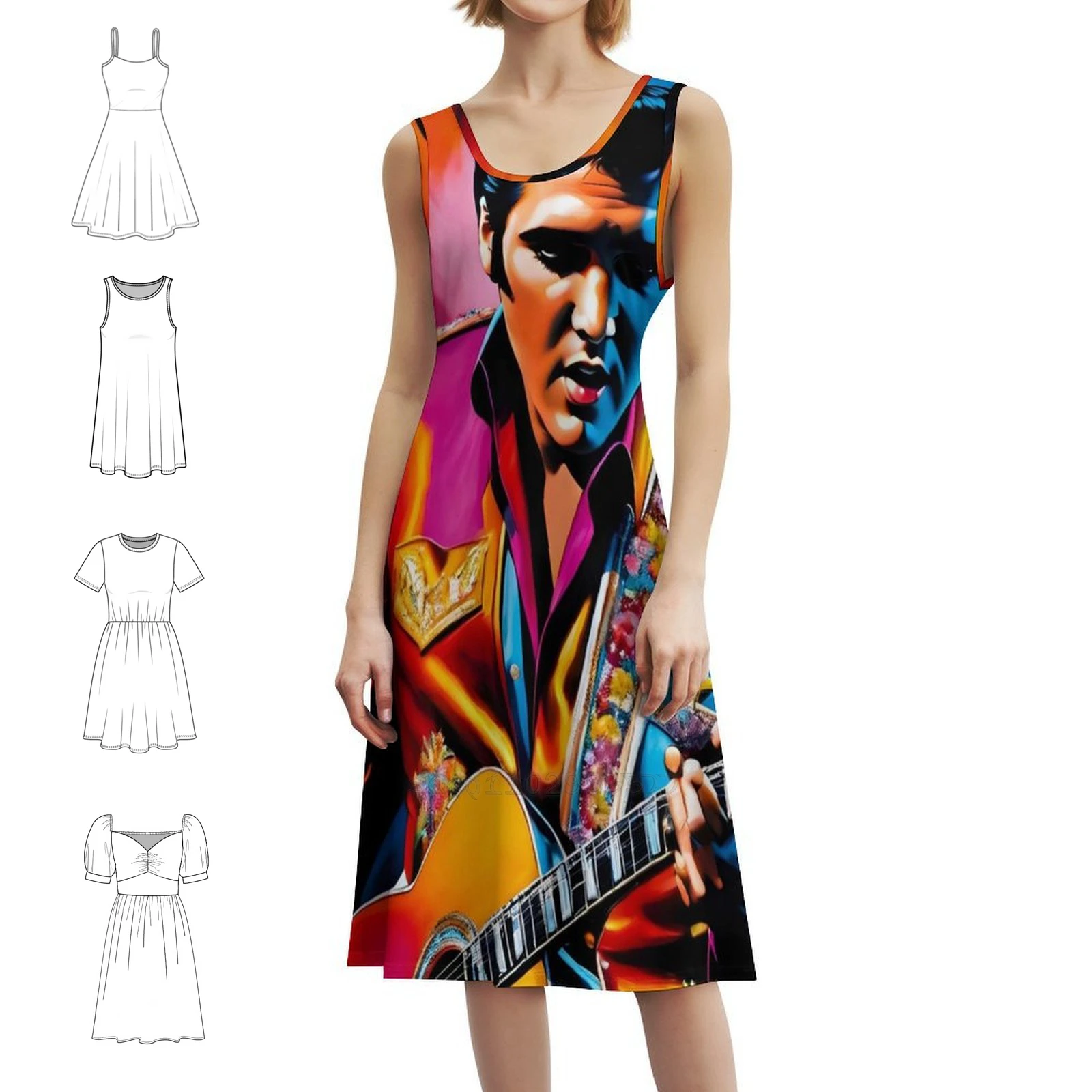 فستان إلفيس مع جيتار بوهيمي بدون أكمام متعدد الطباعة لحفلات العطلات على الشاطئ إلفيس الملك ممفيس ممفيس مافيا للسيدات