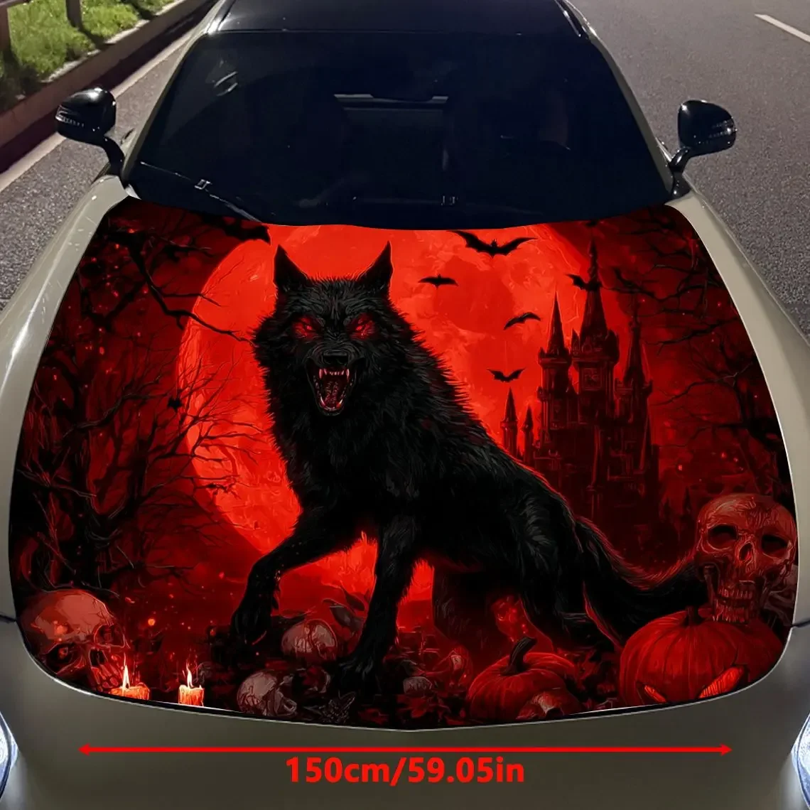 Blood Moon Black Wolf Car Vinyl Wrap, PVC Material Waterproof Car Hood Sticker, Self-Adhesive Scratch-Resistant Stickers for Eng