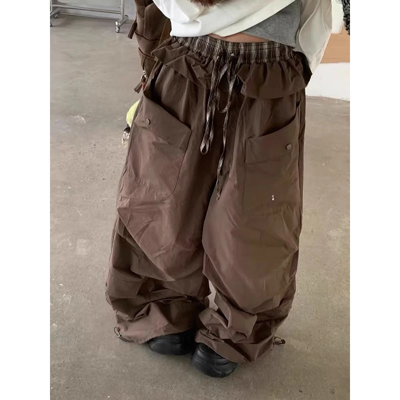ZHIZOU Women Goblin Long Trousers Parachute Pants Harajuku Y2K Splice Loose Grunge 2000s Streetwear Hip-pop Brown Sweat Pants