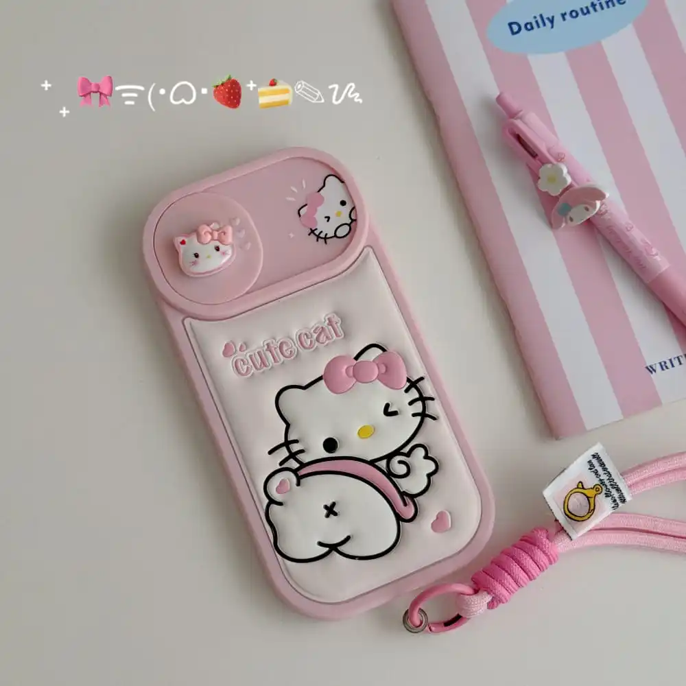 Hot Cute Cartoon Anime Hello Kitty Sliding Door Camera Protector Phone Case for Iphone 11 12 13 14 15 Pro Max Soft Protect Cover