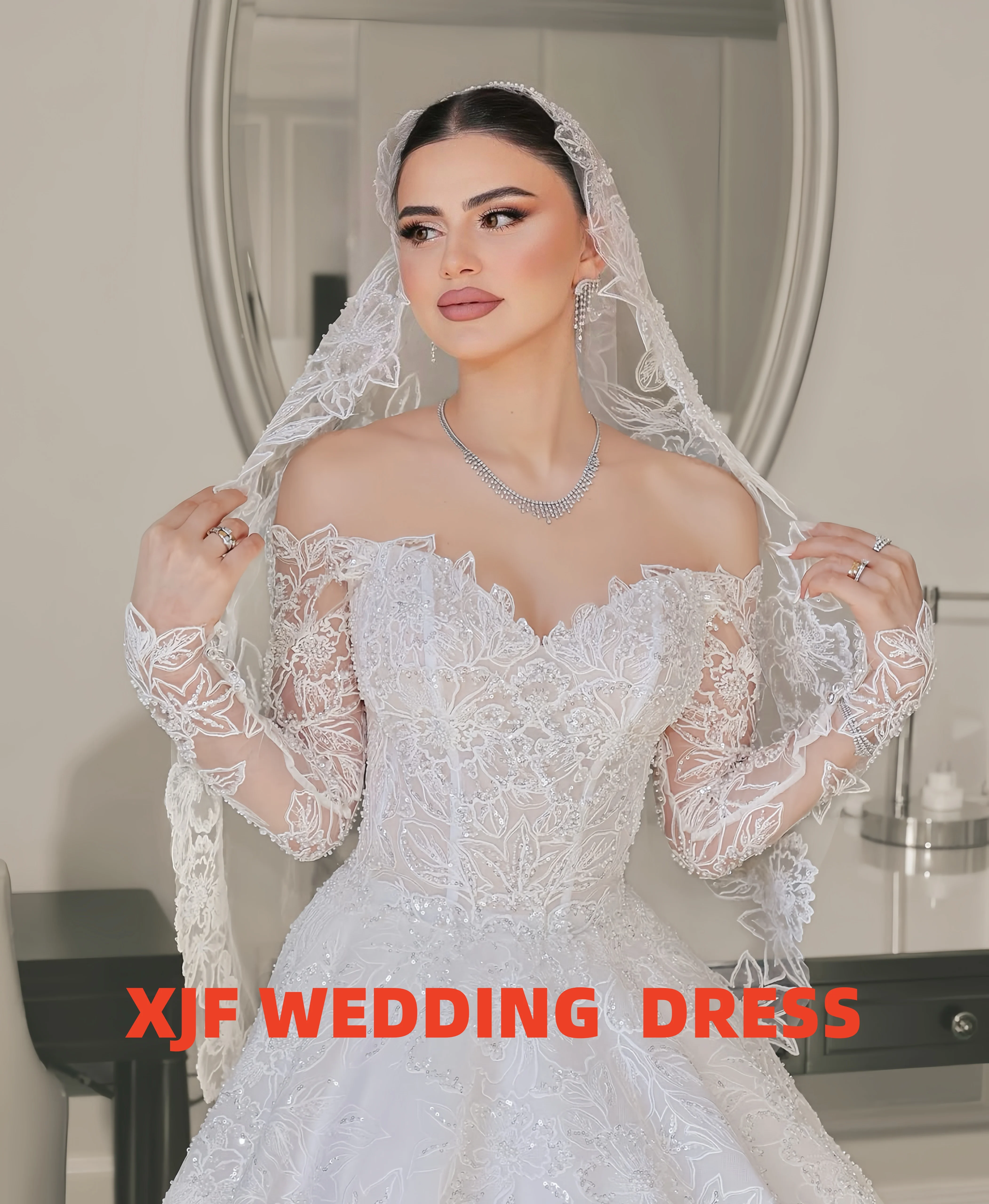 Personnalisé col doux à manches longues robe de bal perlée luxe amanda novias robes de novia amanda novias robe de mariée