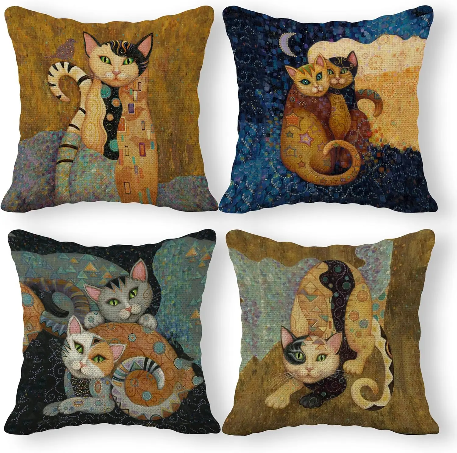 Abstract Linen Throw Pillow Case Set of 4, 18 x 18 Inch, Funny Cat Pillow, Children Room Decor, Cat Theme Room Decor, Cushion Co
