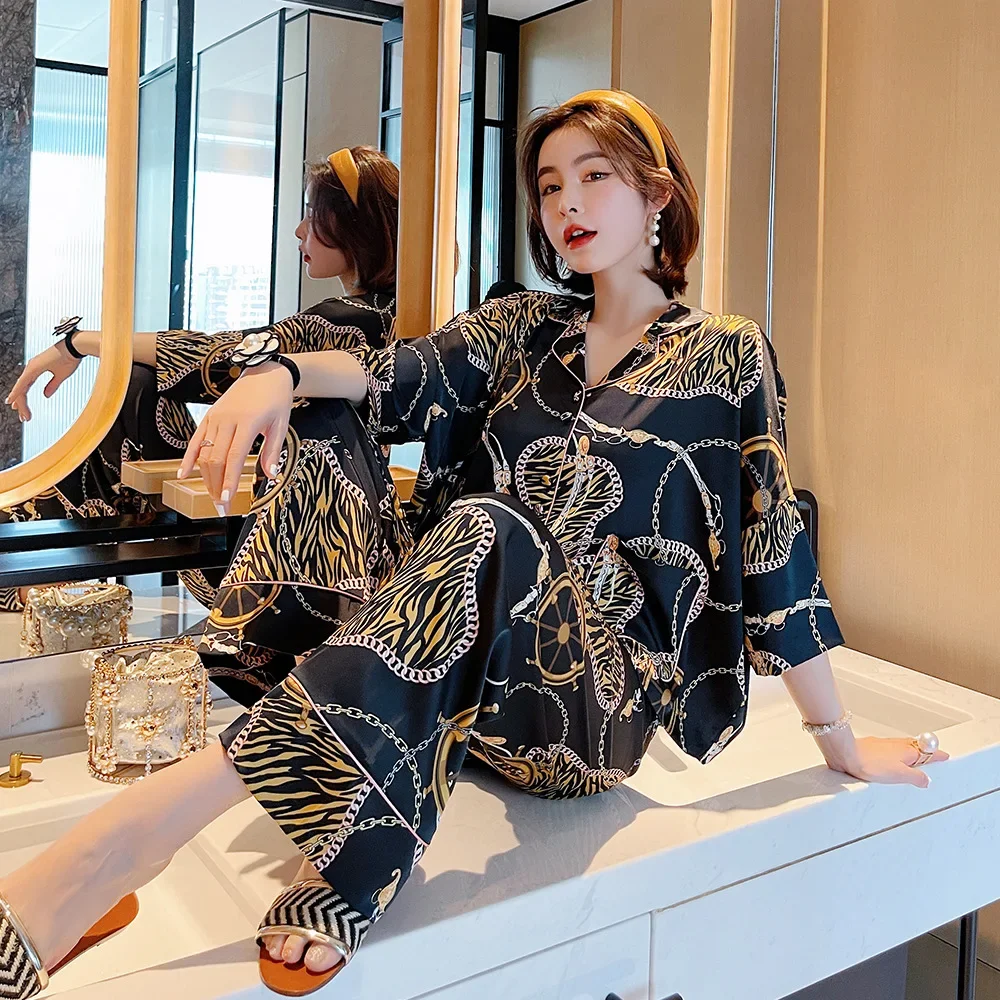 2021 Luxury Printing Pajamas Set for Women Printed Loose Large Size Ice Silk Set Fashion Home Service Sleepwear Homewear Clothes