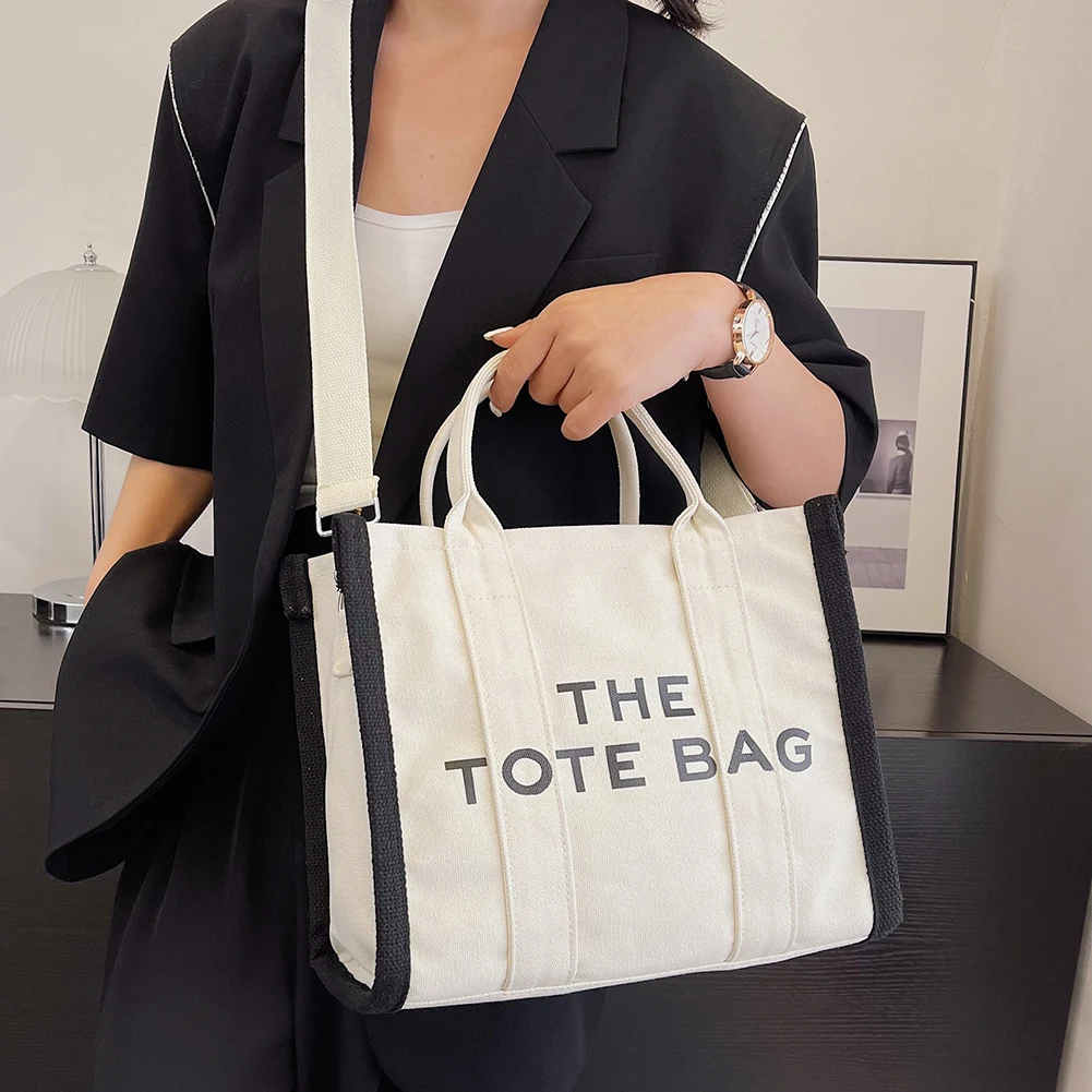 Canvas The Tote Bag for Women\'s Contrast Color Fashion Letter Shoulder Bag Large Capacity Female Weekend Vacation Square Satchel