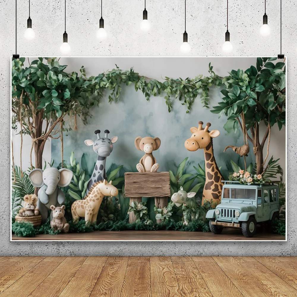 Tropical Safari Jungle Kids Birthday Party Photography Background Giraffe Elephant Bears Forest Jeep Baby Shower Photo Backdrops