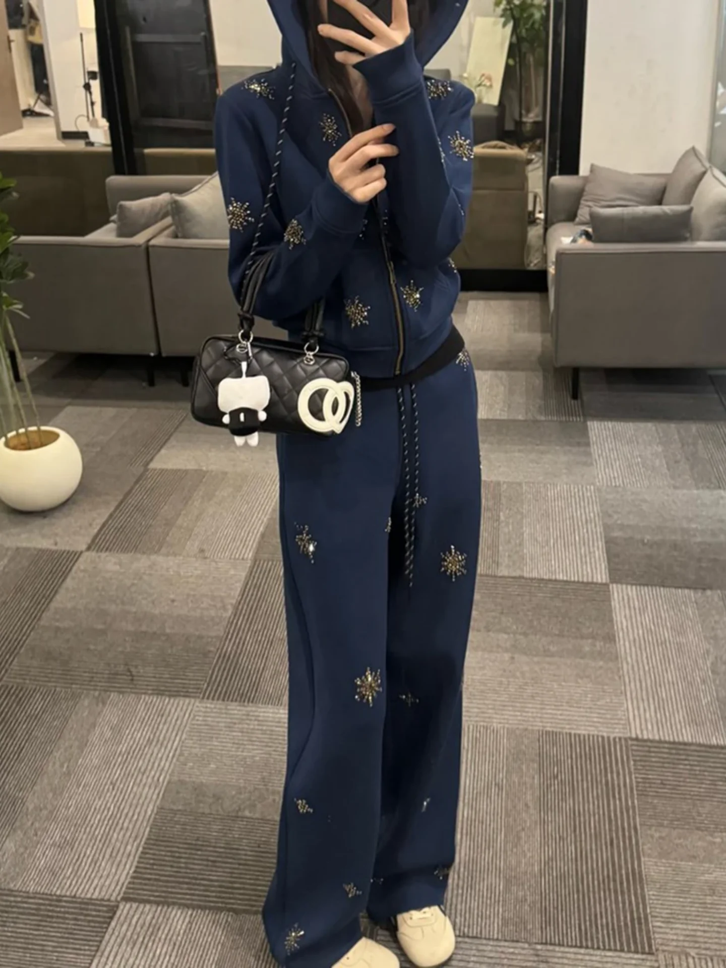 

Ladies Winter Faion Set High Waist Wide Leg Pants Diamond Printed Base irt Korean Sle Long Sve Sweatirt Zipper Clo...