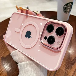 Funda de teléfono con carga inalámbrica magnética a prueba de golpes para iPhone 16, 15, 14, 13, 12, 11 Pro Max 15 Plus, funda trasera dura rosa Magsafe de lujo