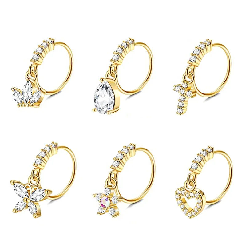 Nose Rings Hoops for Women Heart Flower CZ Dangle Nose Rings Cartilage Earring Dangling Nose Piercing Jewelry Piercing Nariz