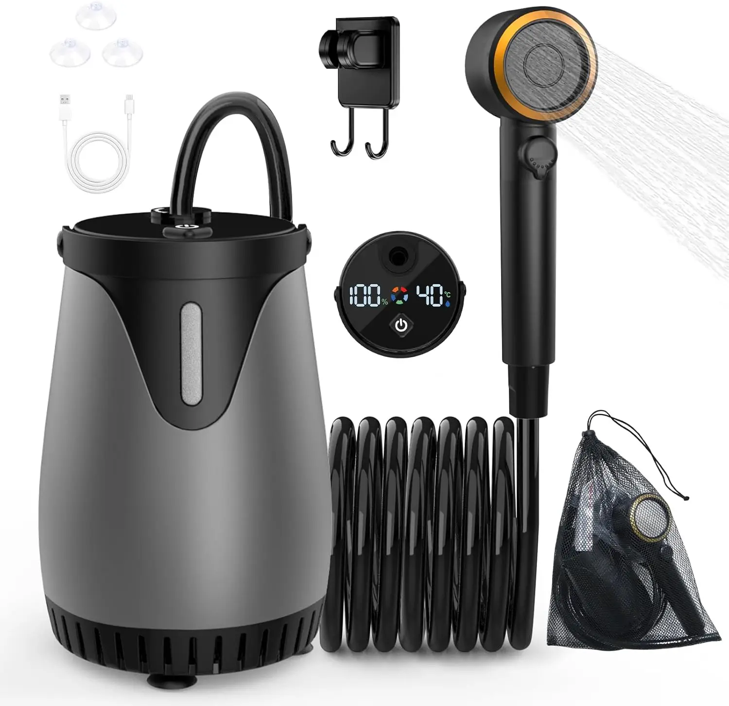 

Portable Rechargeable Camping Shower Pump, 6000mAh Battery, 5 Pressure Levels & 4 Spray Modes, IPX8 Waterproof for Outdoor Use