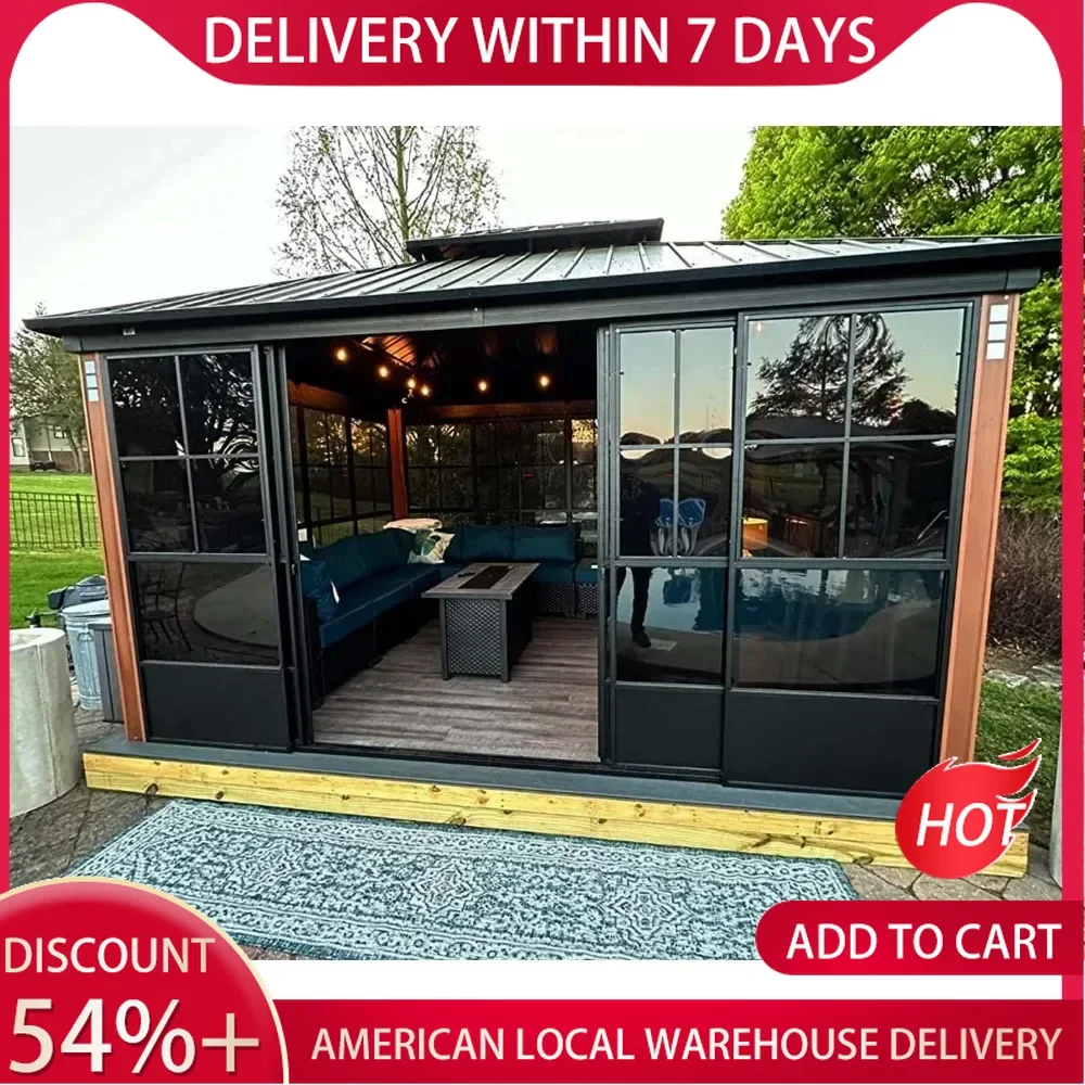 12 X 14inch Patio Hardtop Gazebo Double Top Outdoor Screen House Aluminum Solarium Backyard Sun Room with Detachable Windows