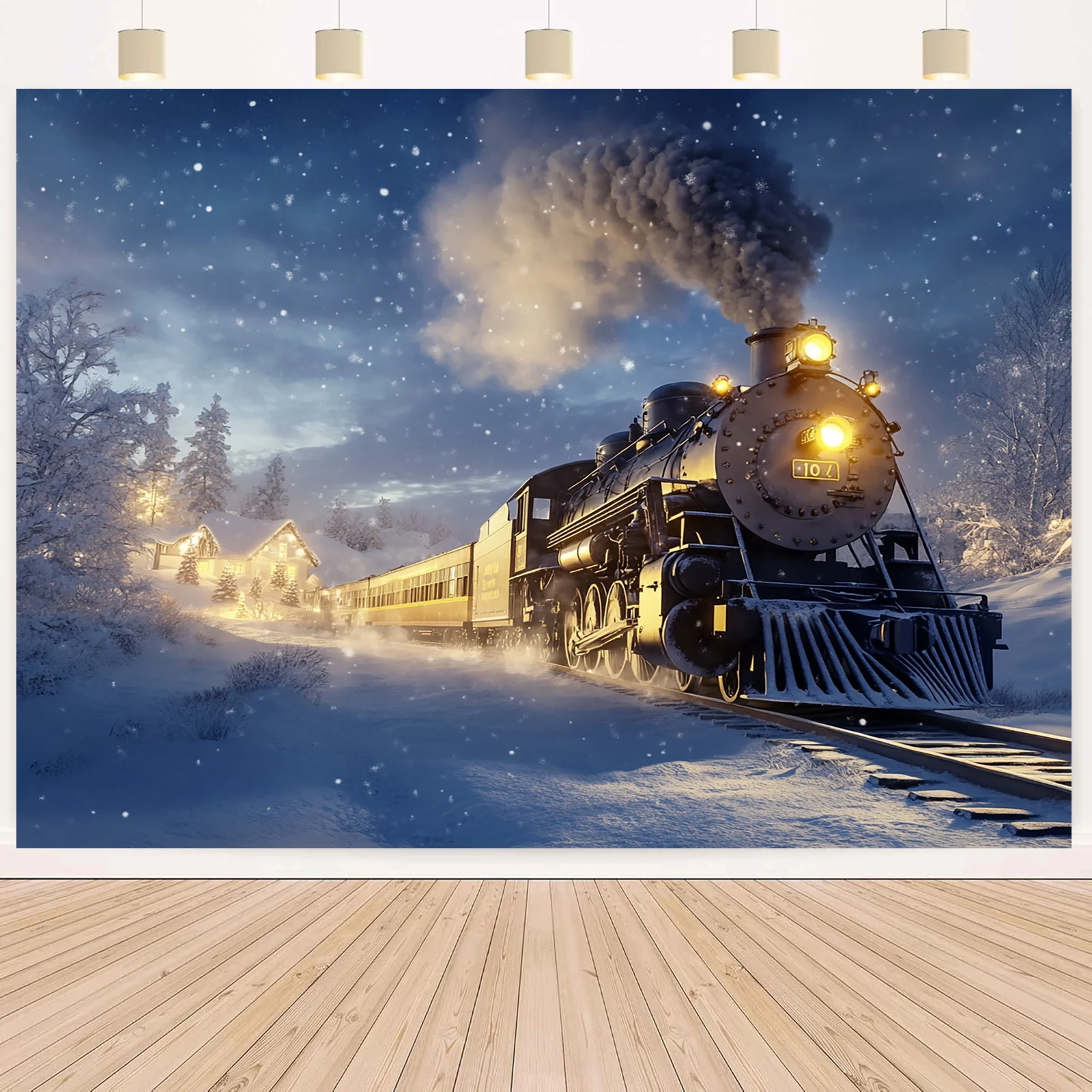 1 لافتة خلفية Polar Express - قاطرة بخارية ريترو في الشتاء الثلجي، رقاقات الثلج المتساقطة، عيد الميلاد، الزفاف، عيد الميلاد