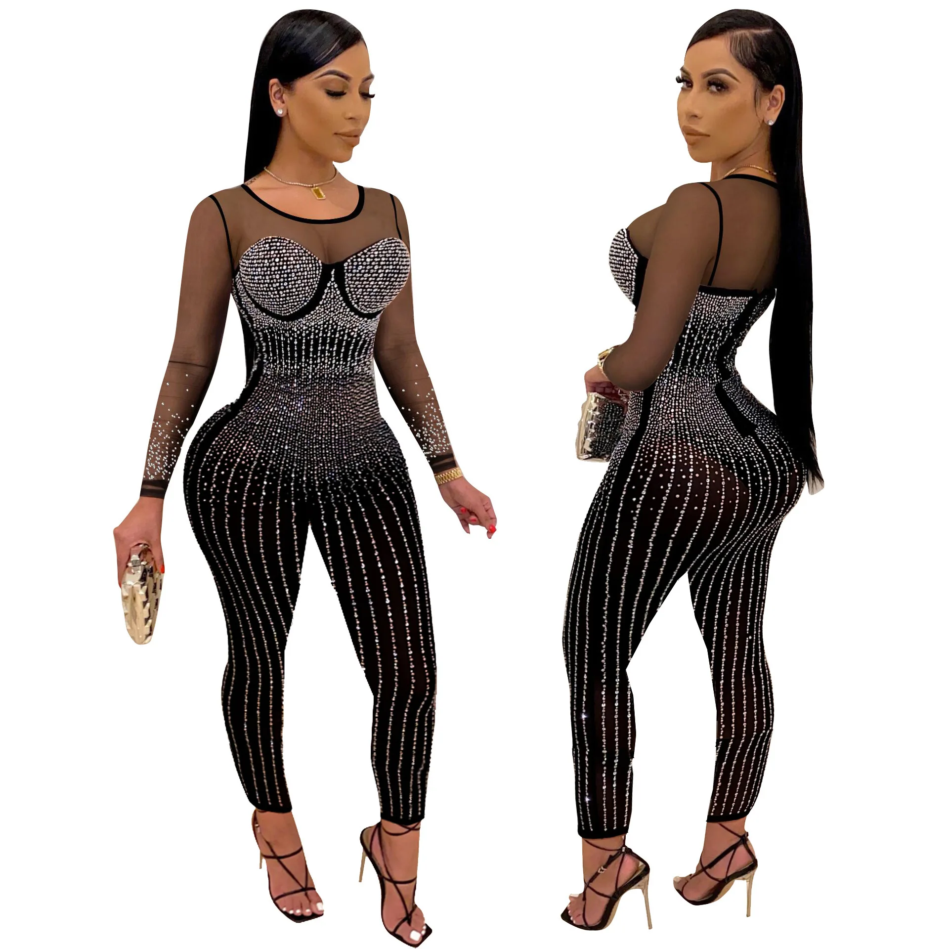 High Stretchy Women Fall Mesh Jumpsuit Nightclub And Sexy See Through Women Jumpsuit Rhinestones Jumpsuits