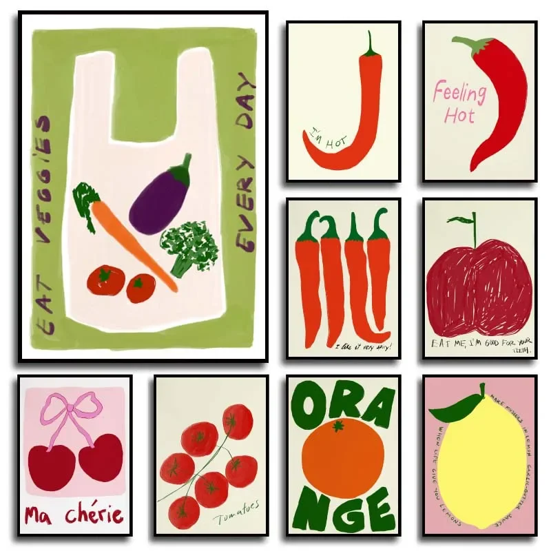 1 Stück rahmenloses Leinwandbild, farbenfrohes 'Cheers' Chili-Frucht-Orange Lebensmittel-Zitat Wandkunst Poster, Lebensmittel- und Getränke-Küchen-Leinwandgemälde