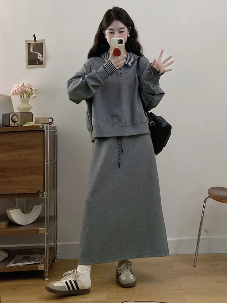 plus Size 300 Pou Coreano Sle Lungo Sve Felpa f Gonna Donna Allentato Dimagrante Faion Set Abbigliamento Casual Poliestere...