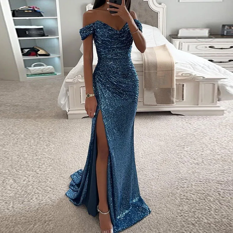 Women Slash Neck High Split Gown Evening Dress Sequins Sharkly Slim Hips Long Dress Spring Summer Off Shoulder Hollow Maxi Dress