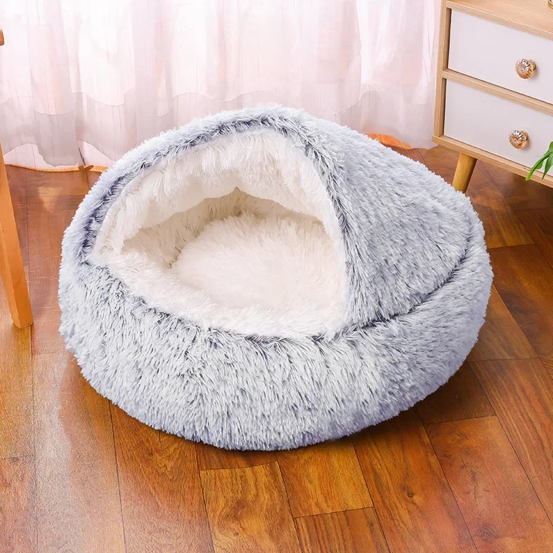 Soft Plush Round Cat Bed Pet Mattress Warm Comfortable Basket Cat Dog 2 in 1 Sleeping Bag Nest for Small Dogs